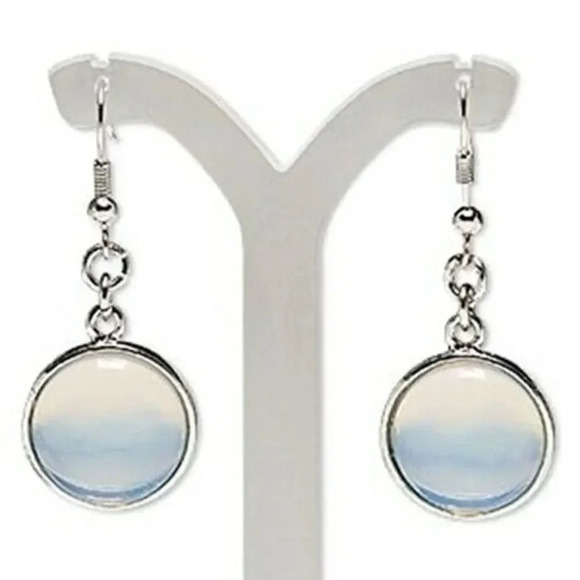 Hand Crafted Translucent Opalite Gemstone Cabochon Silver Dangle Earrings - Picture 1 of 1